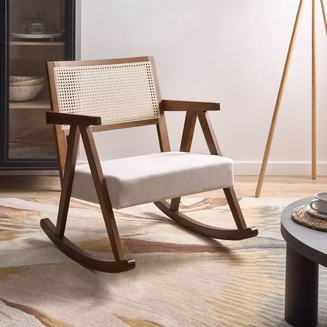 Wyld and Coco Vienna Backrest Rocking Armchair in Brown and Beige Fabric with Solid Rubberwood Frame