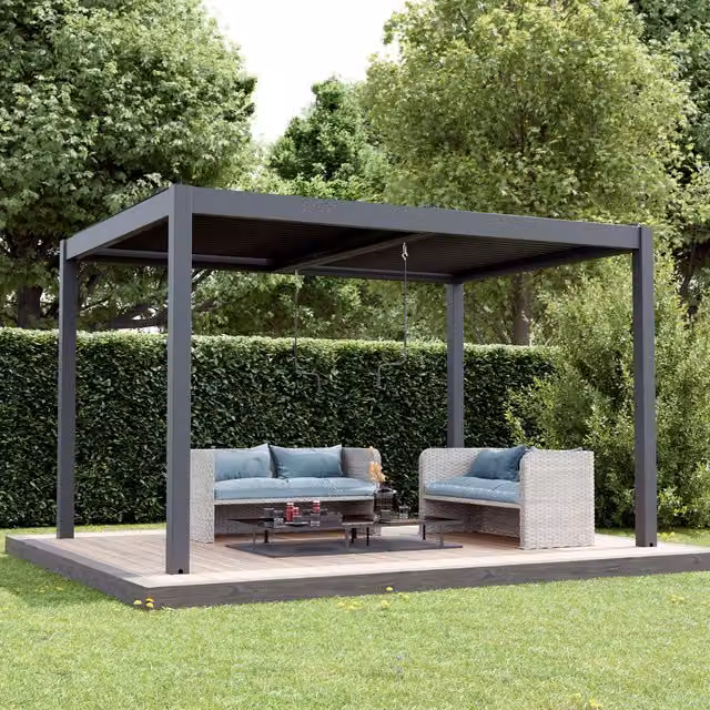Agadon Aluminium Pergola Shading System in Anthracite Grey with Rain Gutter, W: 296.4 cm