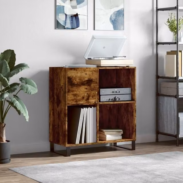 Berkfield Home Record Cabinet in Smoked Oak Brown, W: 84.5 cm, D: 38 cm, H: 89 cm