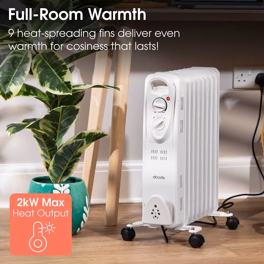 Abode 2000W 9 Fin Oil Filled Radiator Portable Electric Heater in White – 2