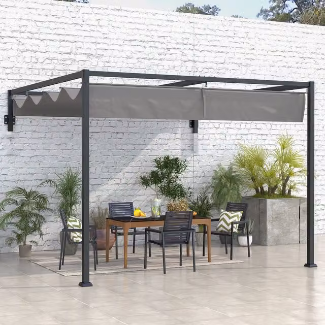 OUTSUNNY Wall Mounted Lean-to Pergola with Retractable Sun Shade Canopy in Matt Grey, W/D/H: 397 x 220 x 285 cm