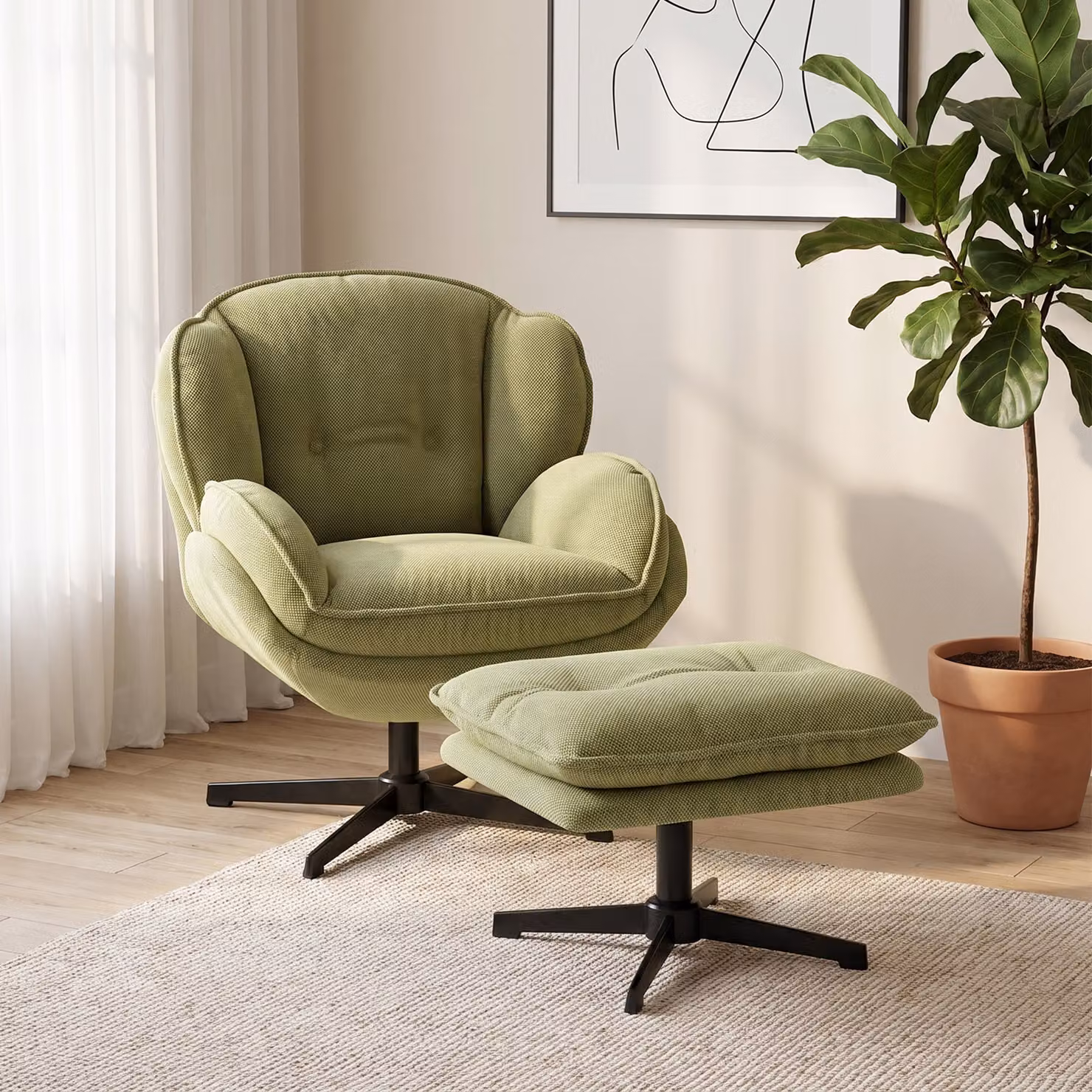 HOMCOM Green Chenille Swivel Armchair with Adjustable Footstool and Thick Cushion – 7