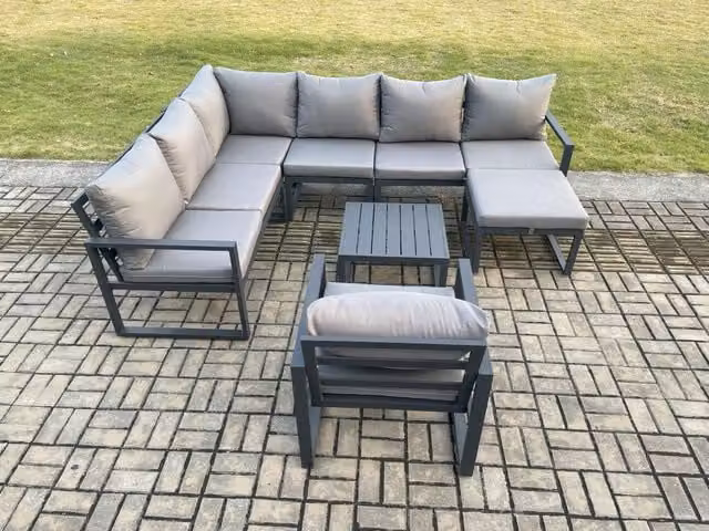 Fimous 8 Seater Aluminium Garden Furniture Set in Dark Grey with L-Shape Corner Sofa, Chairs, Square Coffee Table and Ottoman
