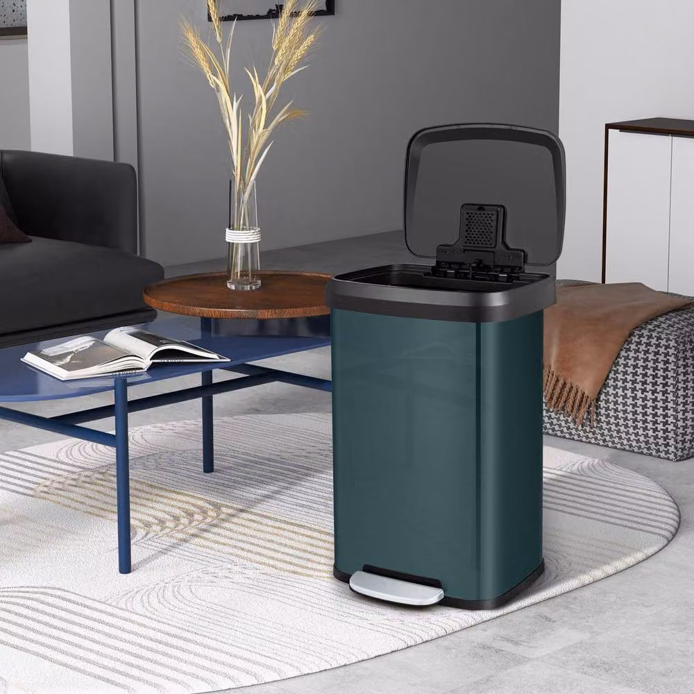 Gymax 50L Stainless Steel Corner Step Trash Can with Soft Close and Odour Filter in Dark Green – 4