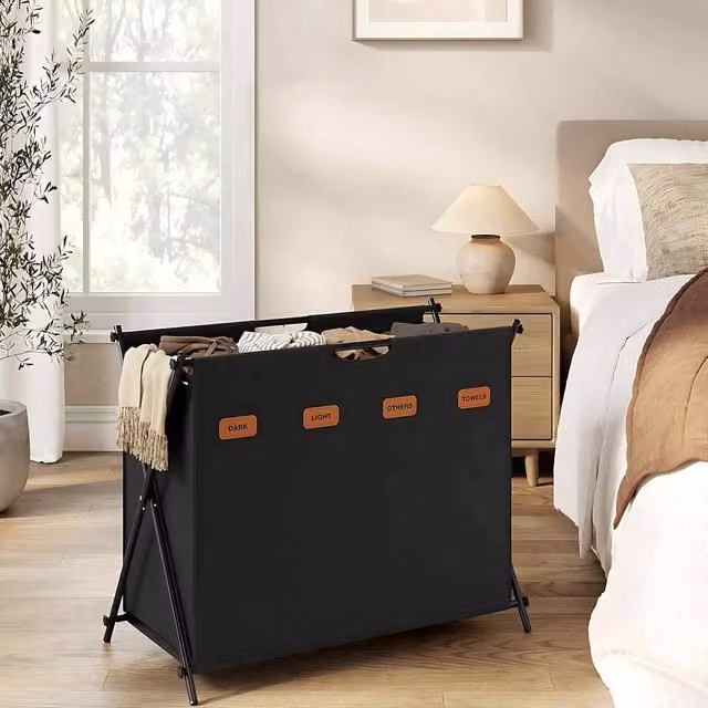 The Bazaarist 4 Compartment Foldable X Frame Laundry Hamper with Handles, Jet Black