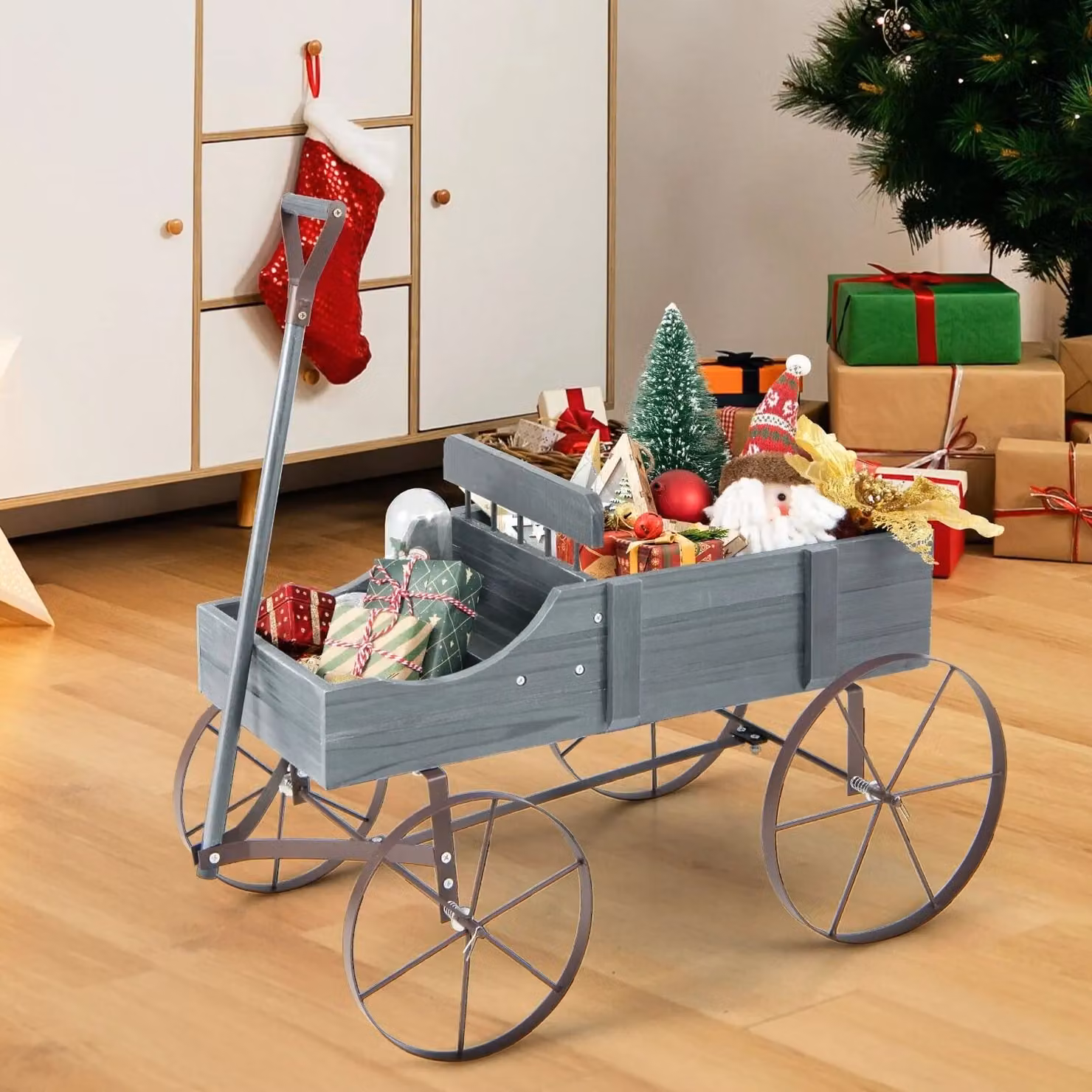 Gymax Wood Wagon Flower Planter with Wheels in Grey, W/D/H: 62 x 34 x 60 cm – 2
