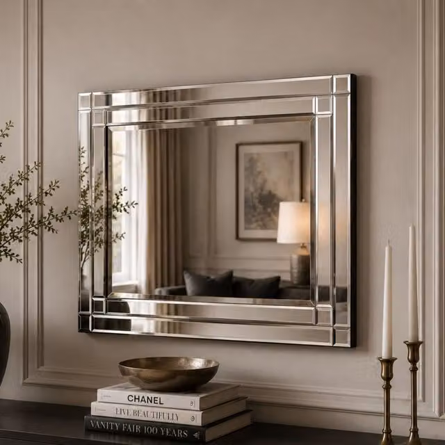 Yearn Art Deco Rectangular Double Bevelled Wall Mirror in Black, Silver or Transparent, W: 90 cm
