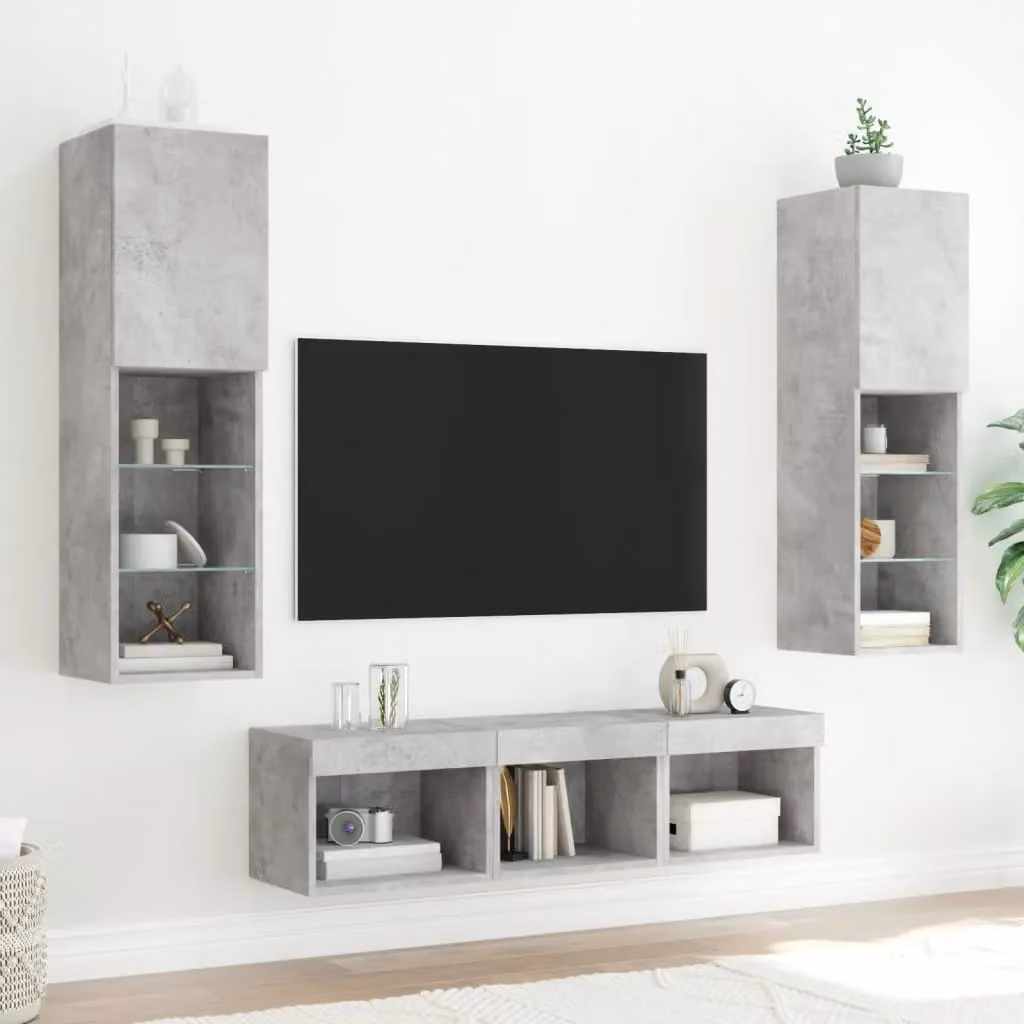 Berkfield Home 5 Piece Modern Wall Mounted TV Unit Set with Integrated LED Lighting in Matt Concrete Grey MDF – 2
