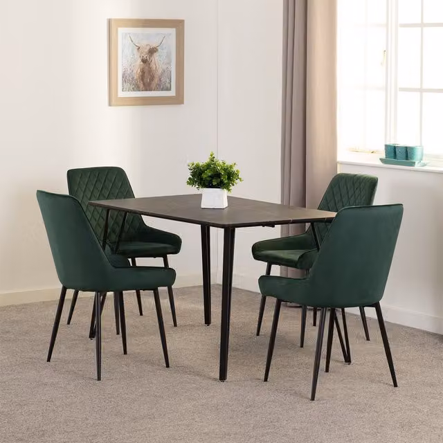 Seconique Marlow and Avery Modern Dining Set with Black Marble Effect Rectangular Table and Emerald Green Velvet Chairs
