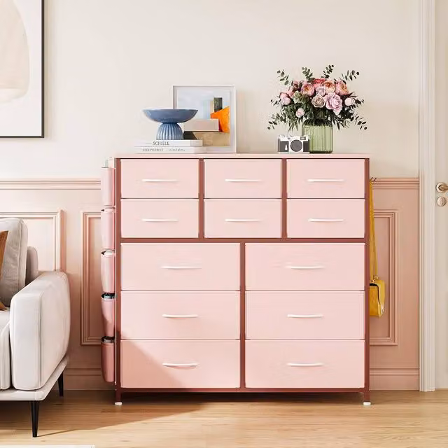 London Boutique Pink Chest of Drawers with 12 Fabric Drawers Storage Cabinet – 1