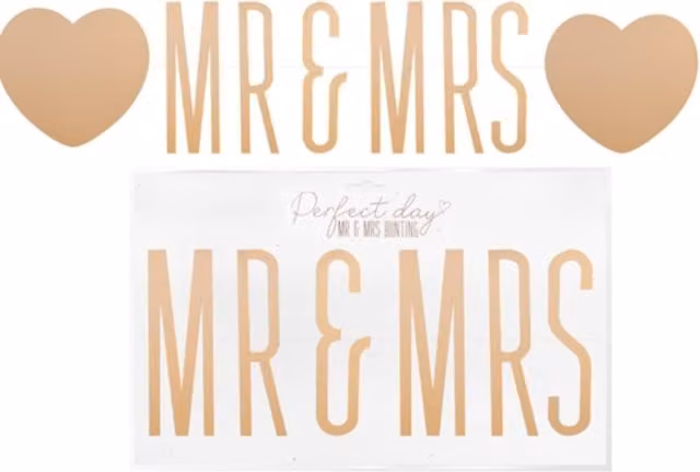 Gold Mr and Mrs Wedding Bunting with Letters and Hearts