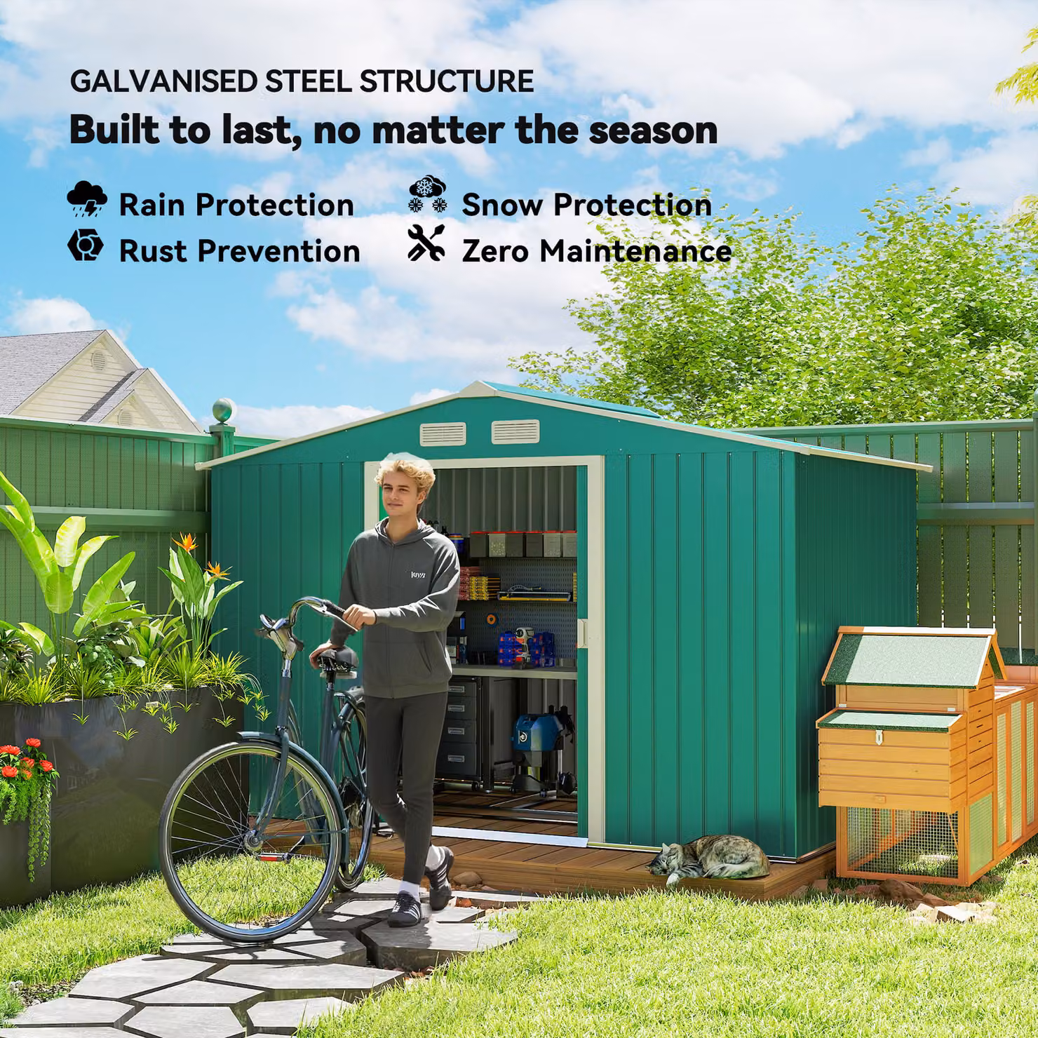 Outsunny Lockable Pent Garden Shed in Green, Galvanised Steel Metal Storage Building with Double Doors, W/D/H: 274.32 x 182.88 x 183.0 cm – 4