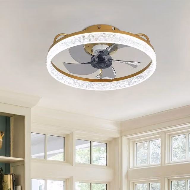Livingandhome Dimmable Tri-Color LED Ceiling Fan Light with Crystal Halo Ring in Gold/Brass