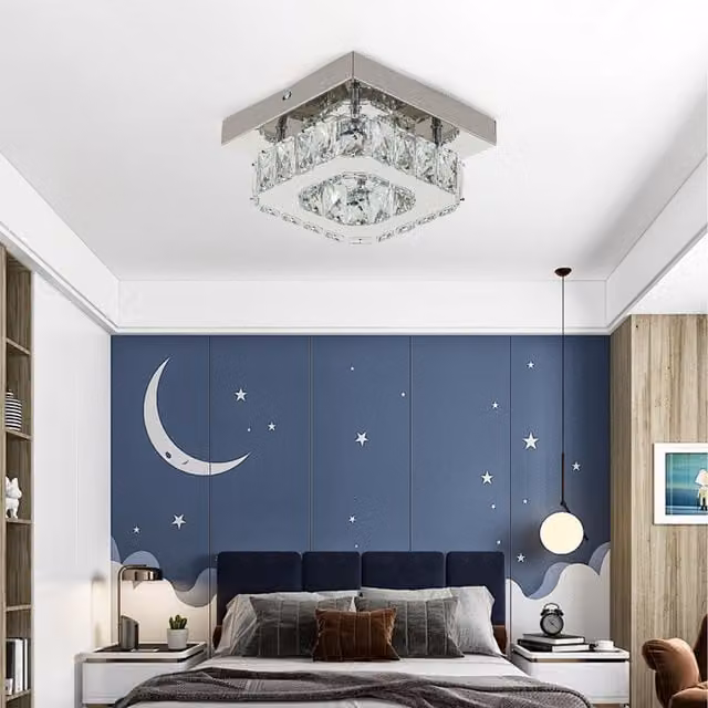 Livingandhome Modern Square Crystal LED Ceiling Light in Chrome and White with Cool White Light