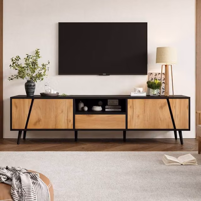 Rolipo Modern Wood and Black TV Stand with Storage in Brown, Width: 180 cm