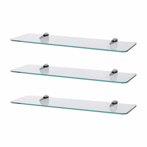 Harbour Housewares Set of 3 Wall-Mounted Glass Bathroom Shelves in Silver and Transparent, Width: 50 cm, Depth: 13 cm, Height: 5 cm