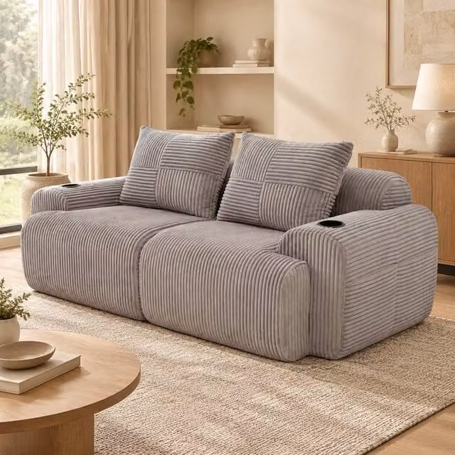STILVORA 2-Seater Grey Corduroy Upholstered Sofa with Cup Holder