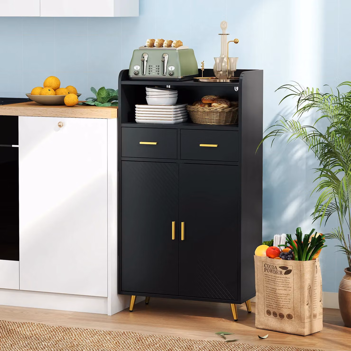 Gymax Modern Freestanding Buffet Sideboard Kitchen Cabinet with 2 Doors and 2 Drawers in Matt Black – 4