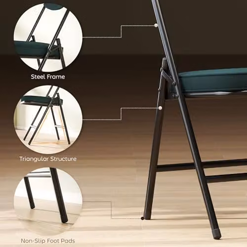 HOMCOM Set of 4 Stackable Folding Chairs with Padded Fabric Seats and Metal Frame in Petrol Blue – 5