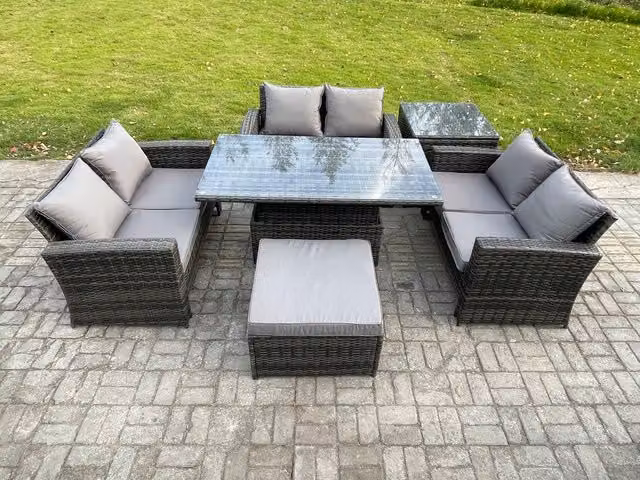 Fimous 7 Seater Rattan Wicker Garden Furniture Set with Height Adjustable Lifting Table and Footstool in Dark Grey