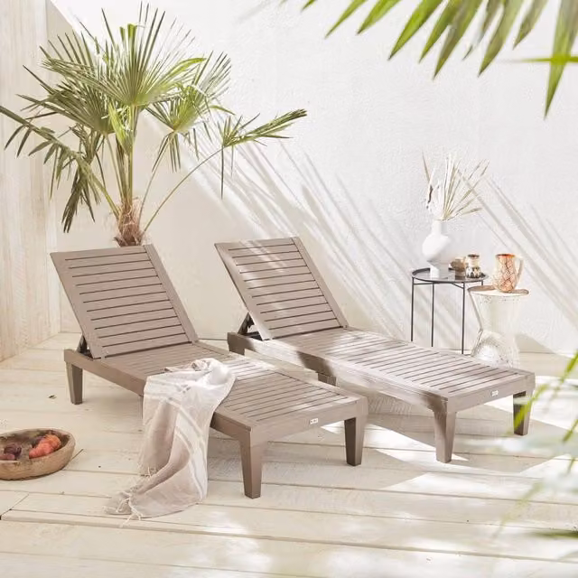 sweeek Pair of Grey Plastic Sun Loungers with Textured Wood Effect