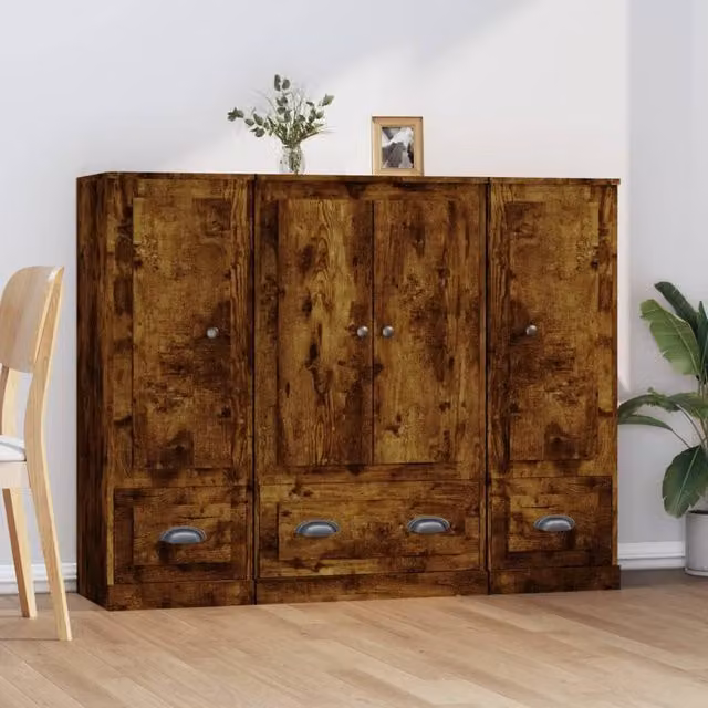 Berkfield Home Set of 3 Smoked Oak Highboards in Brown Engineered Wood