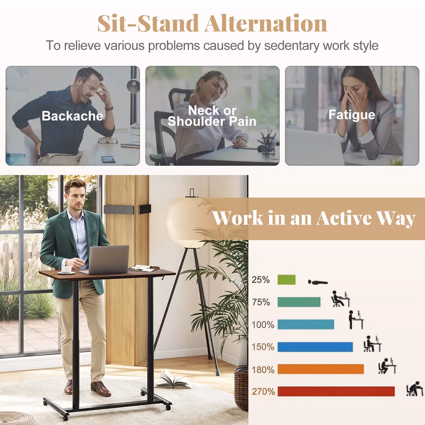 Costway C-Shaped Mobile Standing Desk with Adjustable Height and Castors, Brown – 7