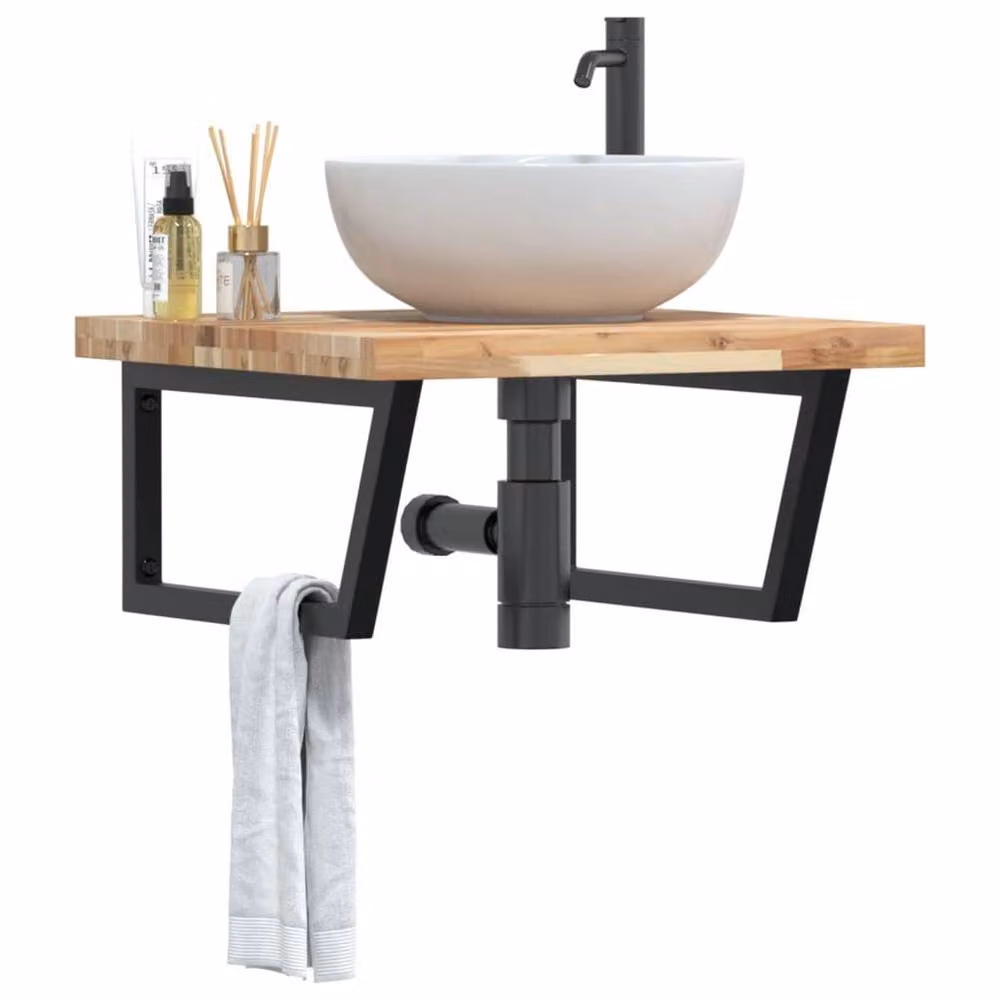 Berkfield Home Wall Mounted Basin Shelf in Brown Acacia Wood and Steel – 2
