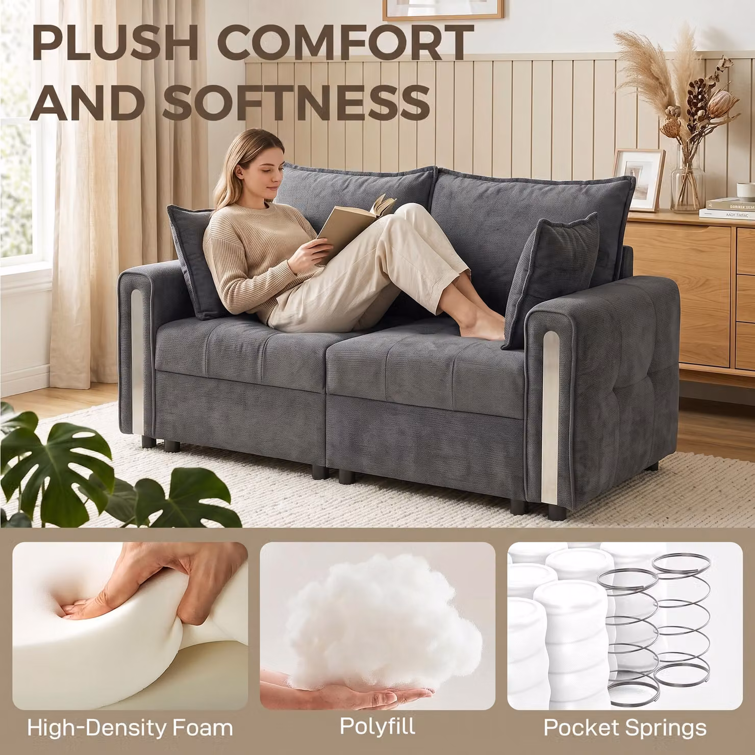 HOMCOM 2 Seater Velvet Sofa with Lift-Up Storage, Dark Grey Loveseat with 2 Pillows for Living Room or Home Office, W: 168 cm, H: 88 cm, D: 50 cm – 3