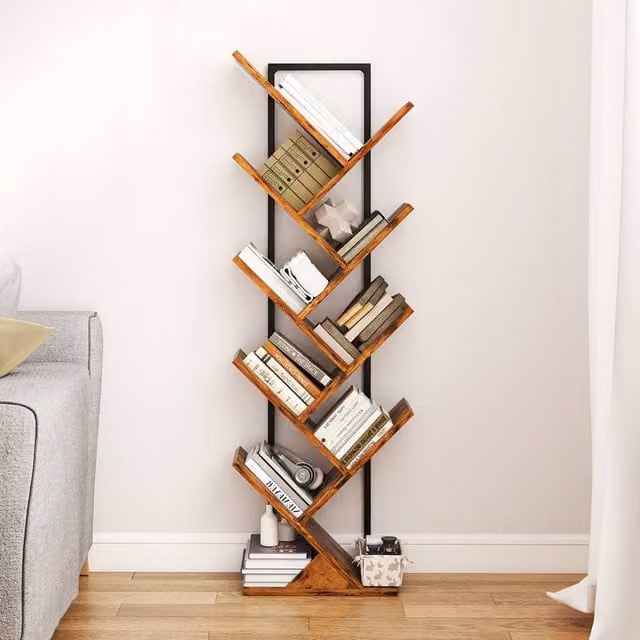 Levede 9-Tier Tree Bookshelf, Rustic Brown and Black Floor Standing Bookcase for Living Room, Bedroom or Home Office, H 116 x W 34 x D 20 cm