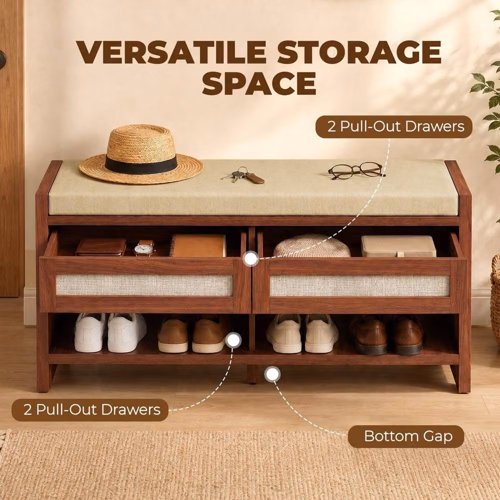 KORVIXA Brown 2-Seater Shoe Storage Bench with Upholstered Fabric Cushion – 4