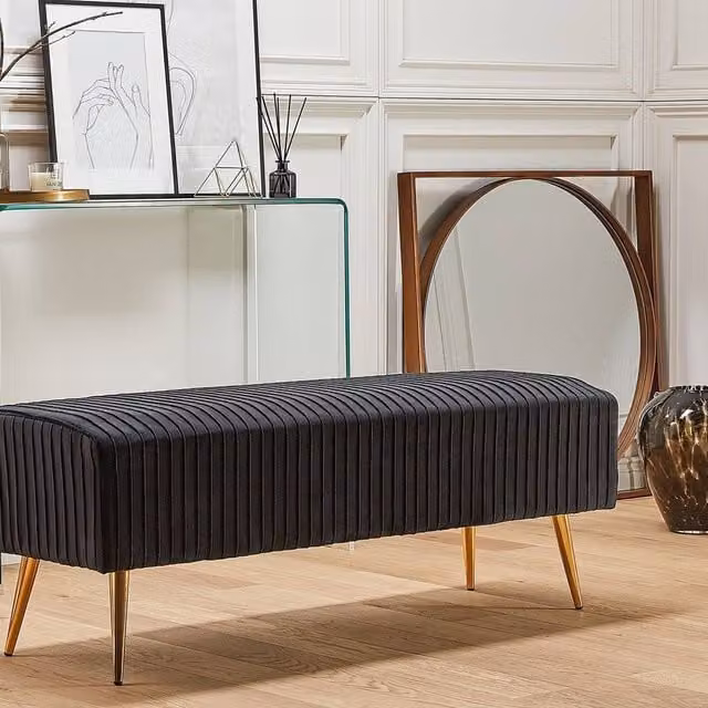 Wyld and Coco Black Velvet Upholstered Bench with Gold Metal Legs W: 118 cm, D: 40 cm, H: 42 cm – 1