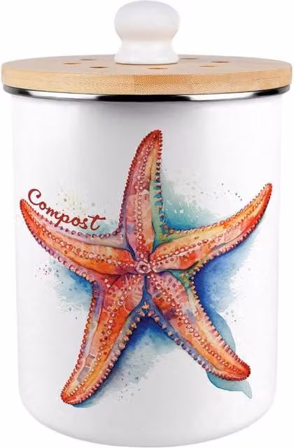 Purely Home Starfish Compost Caddy - 2L Enamel Kitchen Food Waste Bin with Removable Inner Bucket and Odour Filter - Orange and White, W: 22.5 cm, D: 16.5 cm, H: 22.5 cm