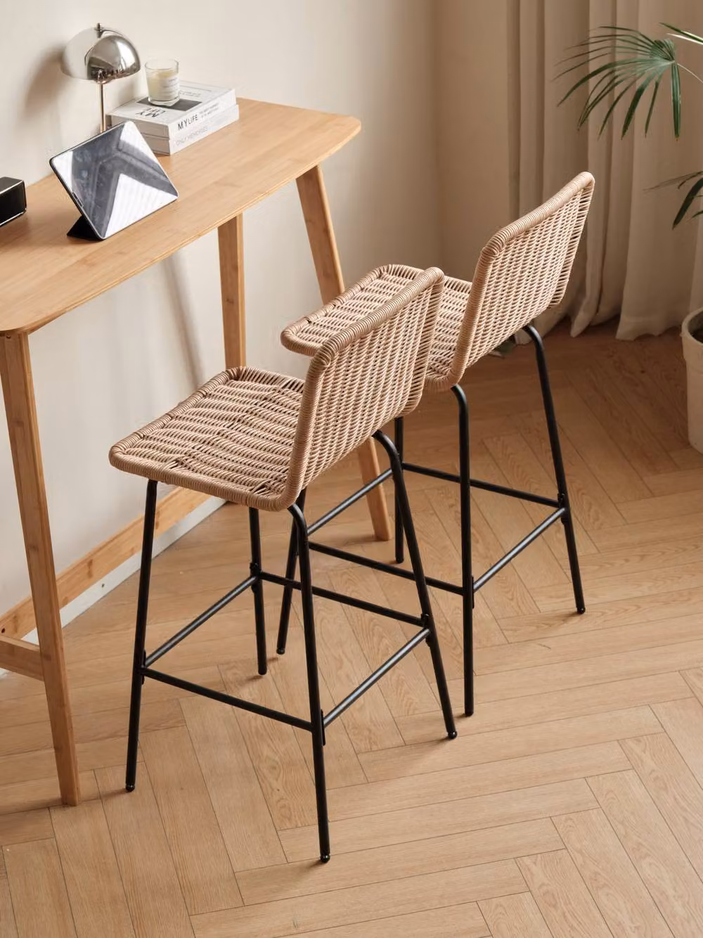 Nordlys Set of 2 Modern Metal and Rattan Stools in Brown and Black – 2