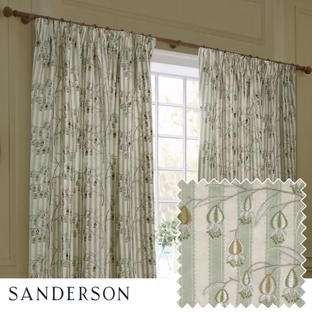 Sanderson Chinese Lanterns Embroidered Room Darkening Pencil Pleat Curtains in Green, Width: 168 cm, Drop: 229 cm