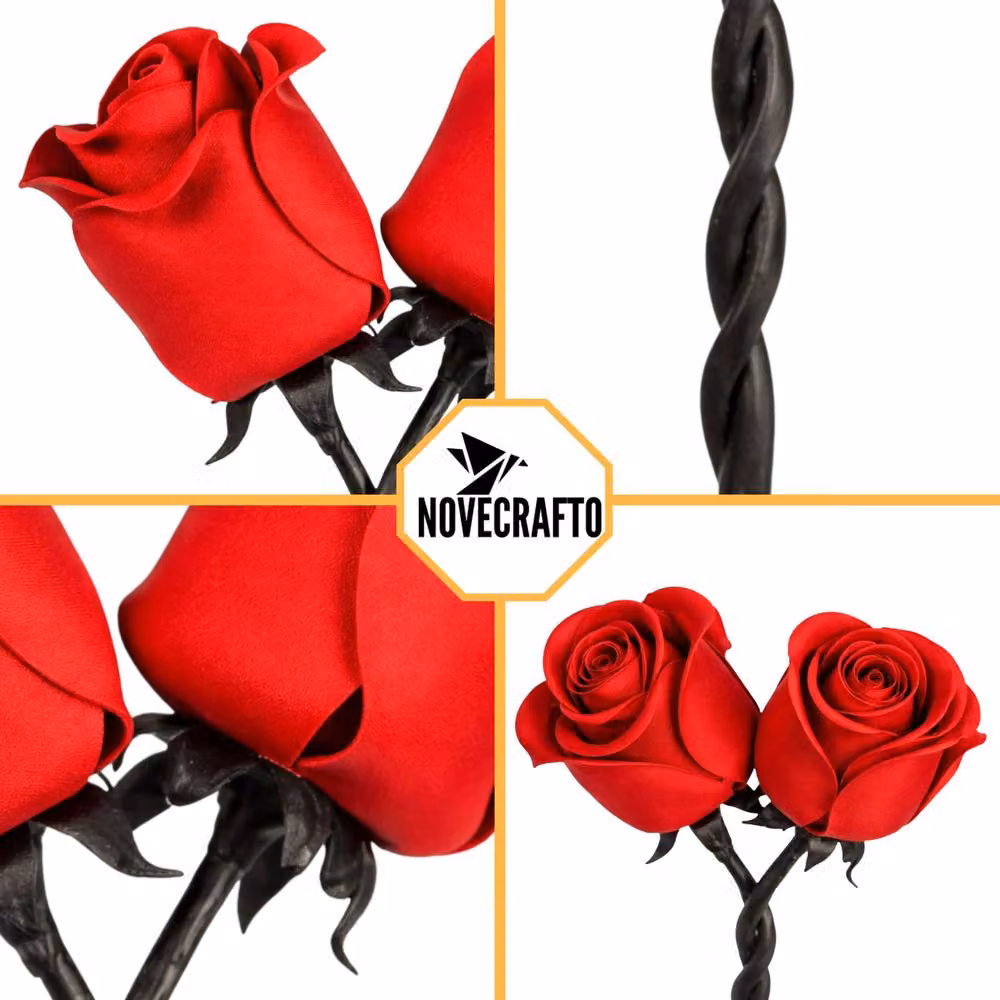 Novecrafto Hand-Forged Red Metal Iron Rose with Twisted Stem Floral Decoration – 6