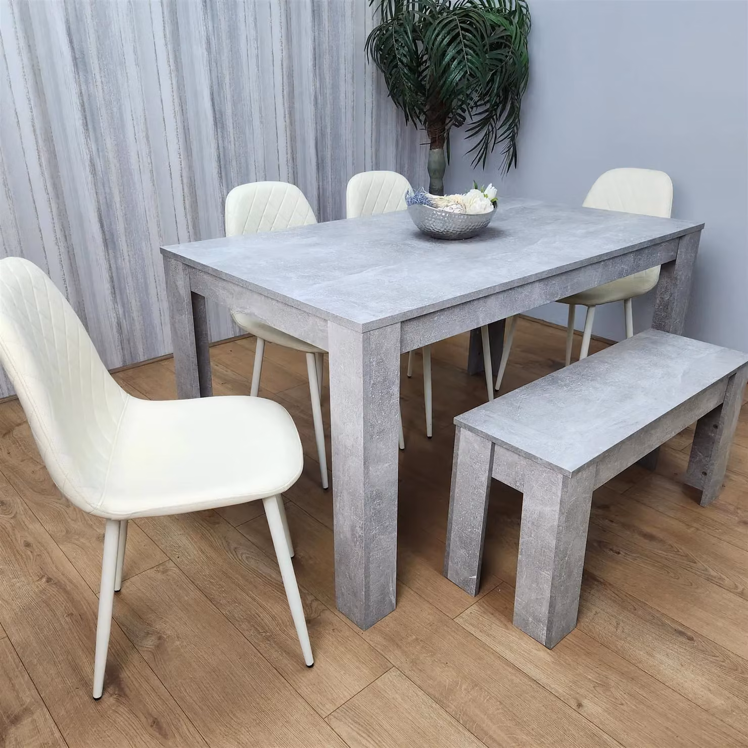 KOSY KOALA Modern Brown Wooden Rectangle Dining Set with Bench and 4 Cream Chairs – 2