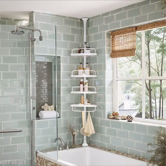 SONGMICS Adjustable 4-Tier Corner Shower Shelf in White Metal