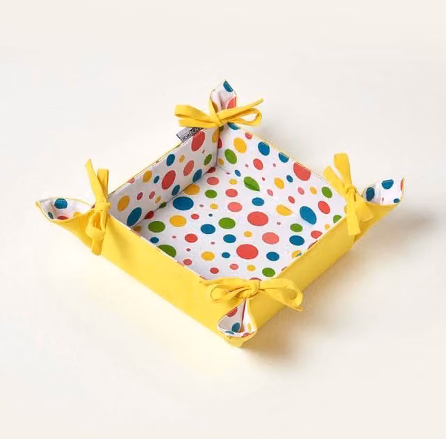 Homescapes Reversible Dotted Fabric Bread Basket in White and Multicolour