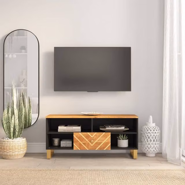Berkfield Home Industrial Mango Wood and Metal TV Cabinet in Brown and Black, W: 100 cm, D: 33.5 cm, H: 46 cm – 1