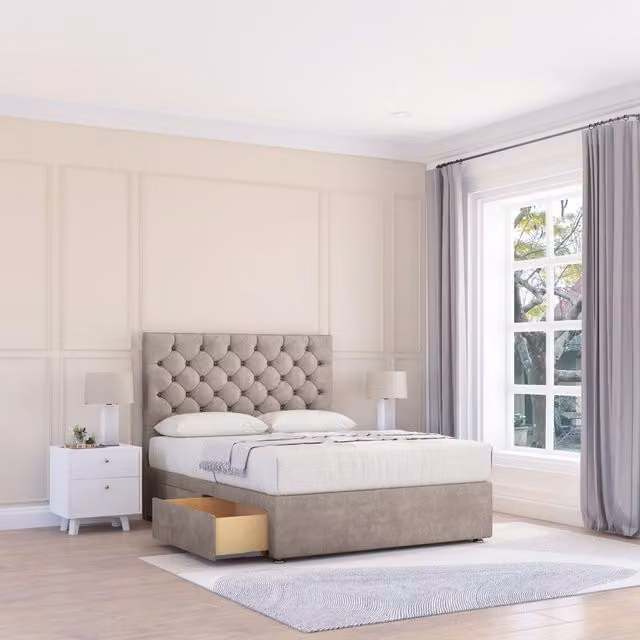 Sloomy Mayfair King Size Divan Bed Base with 4 Drawers and Chesterfield Floor Standing Headboard in Sand Fabric, W/D/H: 180 x 200 cm