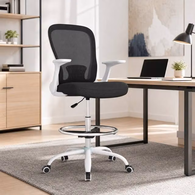 STILVORA Black Draughtsman Chair with Flip-up Armrests, Foot Ring and 360 Degree Swivel