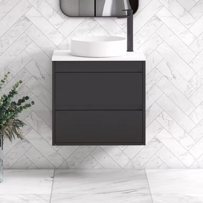 Royal Bathrooms Orion 600mm Matt Obsidian Black Wall Hung 2 Drawer Vanity Unit with White Art Basin and Black Accent Trim