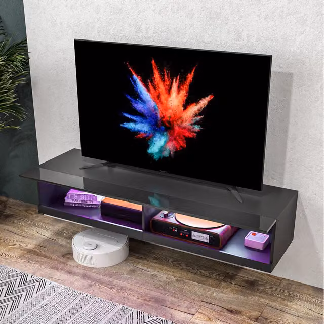 HOMCOM Modern Floating TV Unit Cabinet with High Gloss Effect and LED Lights in Black