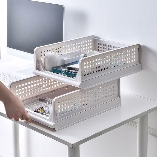 Livingandhome Foldable and Stackable Drawer Storage Basket in Grey and White, 20l