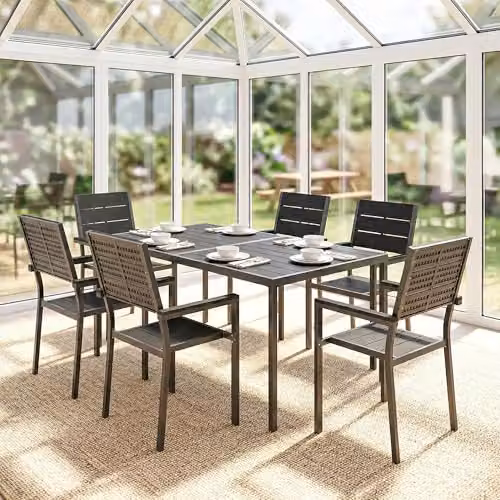 Outsunny 7 Piece Outdoor Dining Set with Rectangular Table and Chairs in Black – 7