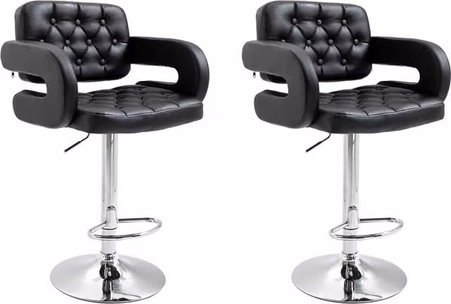 HOMCOM Set of 2 Black PU Leather Upholstered Swivel Bar Stools with Armrests and Footrests