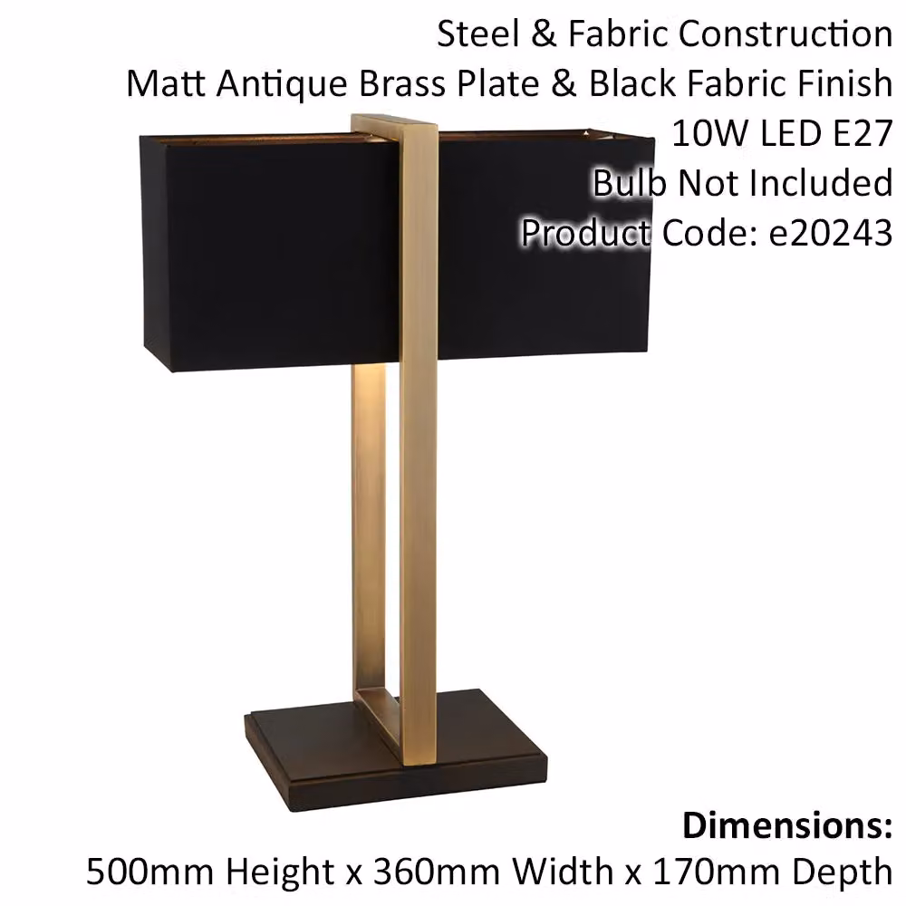 Loops Antique Brass Framed Table Lamp with Rectangular Black Cotton Shade and Matt Black Base – 2