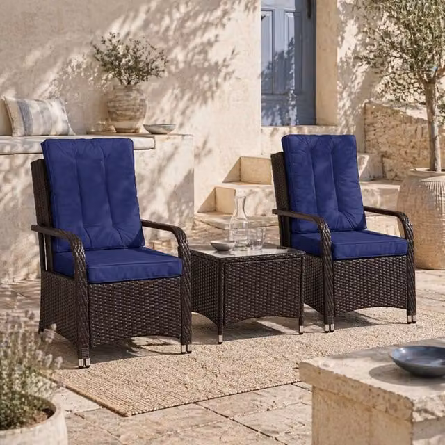 Wyld Haus Rereha 3 Piece Dark Blue Rattan Bistro Set with Glass Table – 1