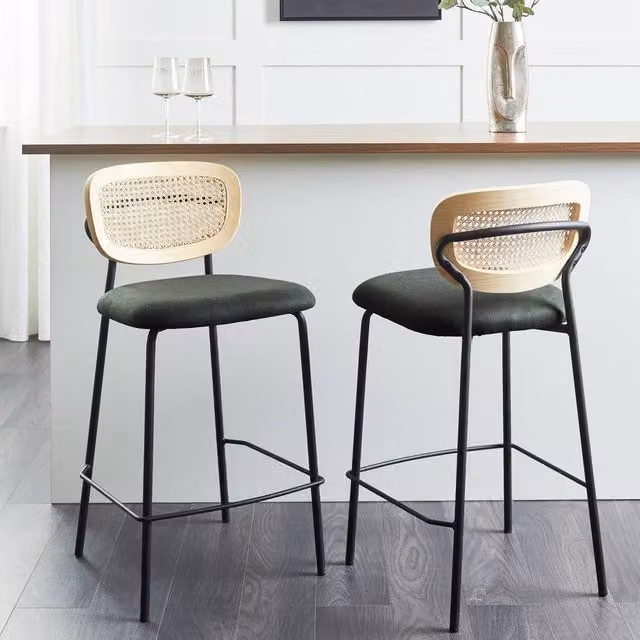 Wyld and Coco Viennese Rattan Bar Chairs Set of 2 with Dark Green Fabric Upholstery and Natural Wood Finish